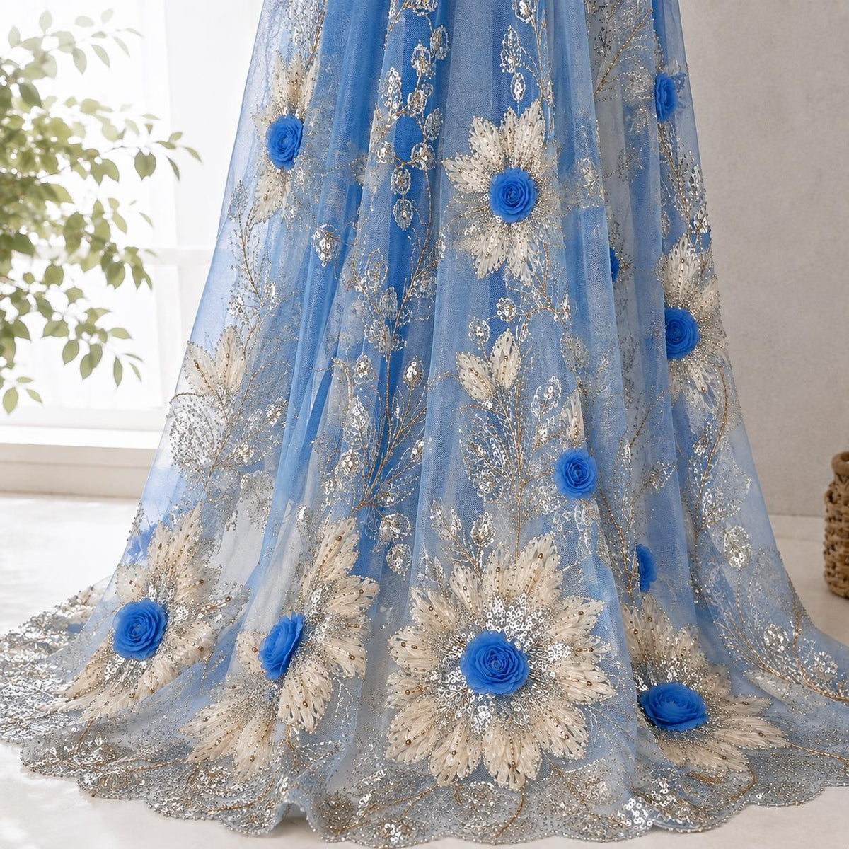 Blue 3D Floral Beaded Lace Fabric by the Yard, Sequin Embroidered Tulle, Wedding Dress Lace, Evening Gown & Bridal Fabric