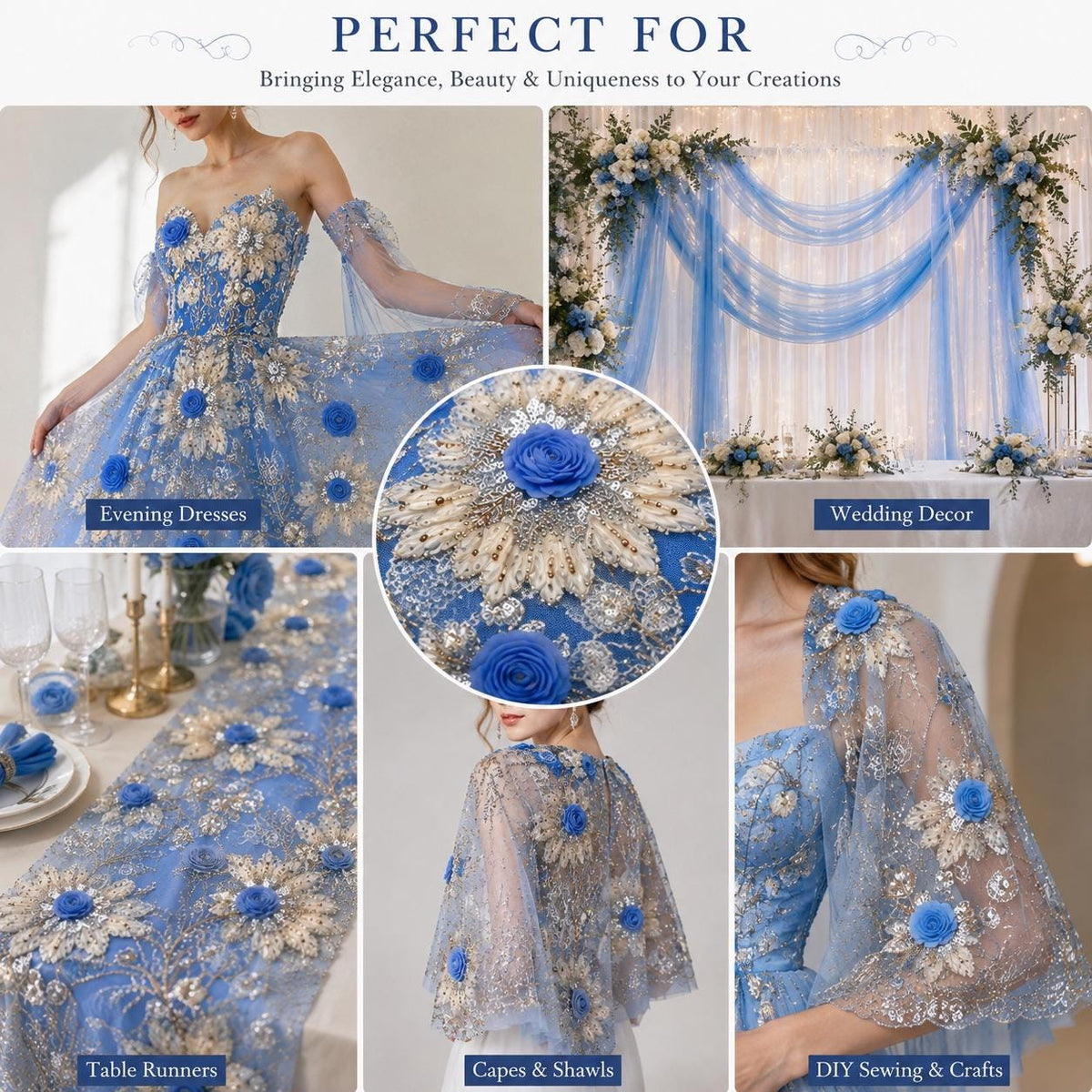 Blue 3D Floral Beaded Lace Fabric by the Yard, Sequin Embroidered Tulle, Wedding Dress Lace, Evening Gown & Bridal Fabric