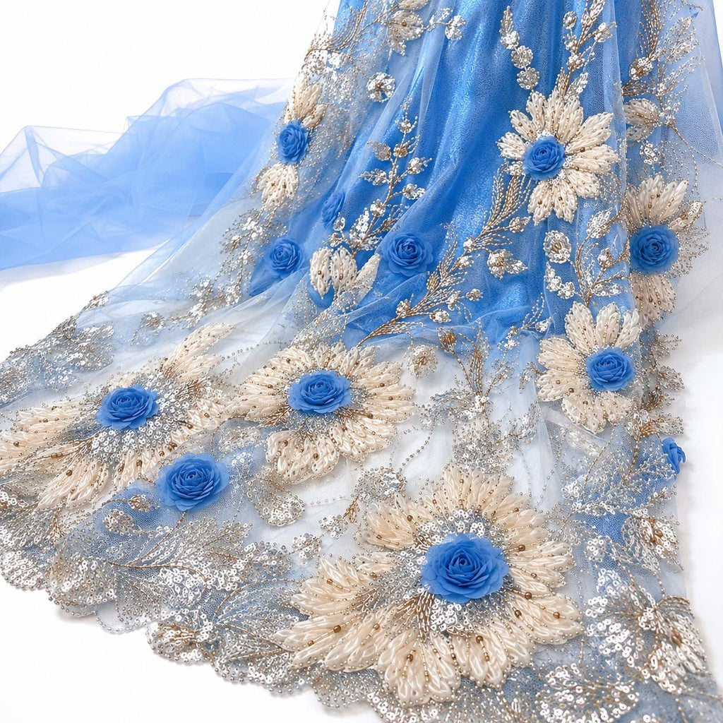 Blue 3D Floral Beaded Lace Fabric by the Yard, Sequin Embroidered Tulle, Wedding Dress Lace, Evening Gown & Bridal Fabric