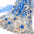 Blue 3D Floral Beaded Lace Fabric by the Yard, Sequin Embroidered Tulle, Wedding Dress Lace, Evening Gown & Bridal Fabric