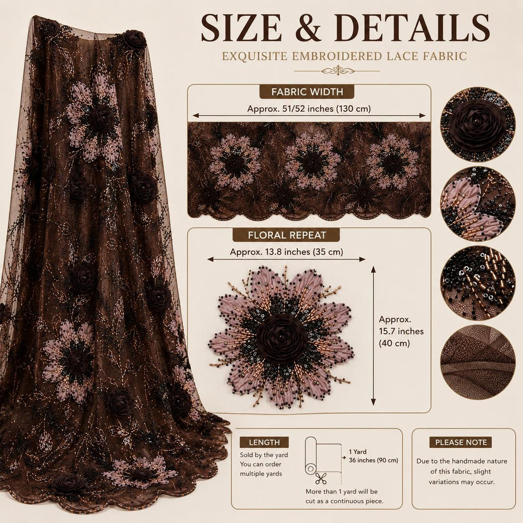 Chocolate Brown 3D Floral Beaded Lace Fabric by the Yard, Sequin Embroidered Tulle for Evening Gown, Prom Dress & Bridal