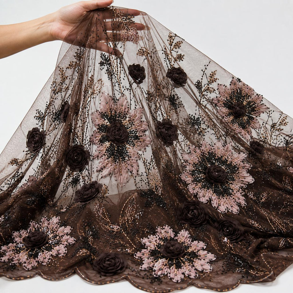 Chocolate Brown 3D Floral Beaded Lace Fabric by the Yard, Sequin Embroidered Tulle for Evening Gown, Prom Dress & Bridal
