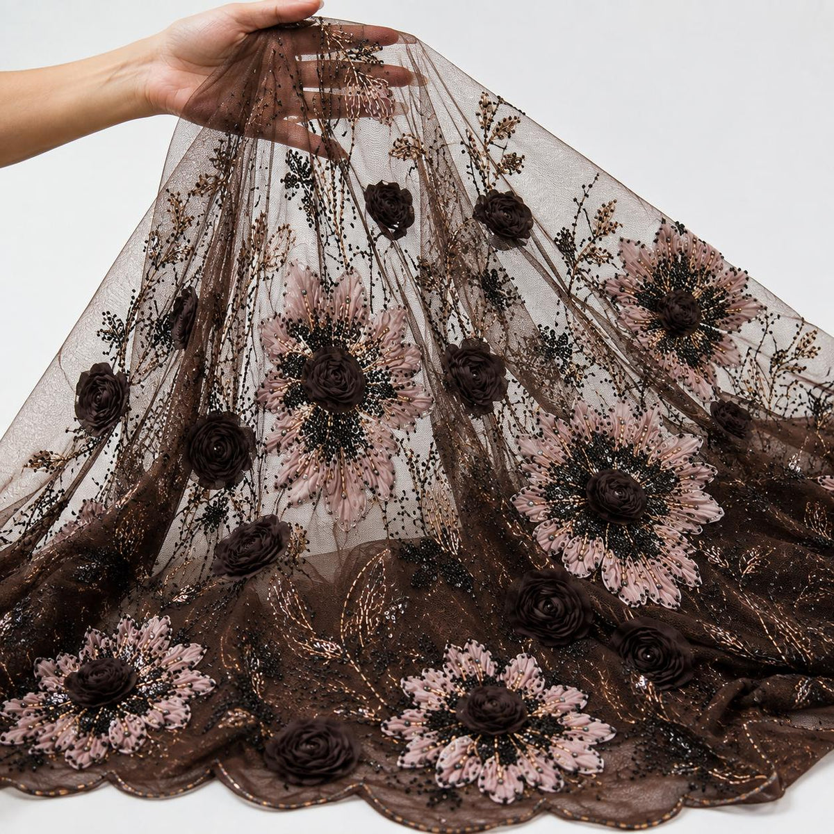 Chocolate Brown 3D Floral Beaded Lace Fabric by the Yard, Sequin Embroidered Tulle for Evening Gown, Prom Dress & Bridal