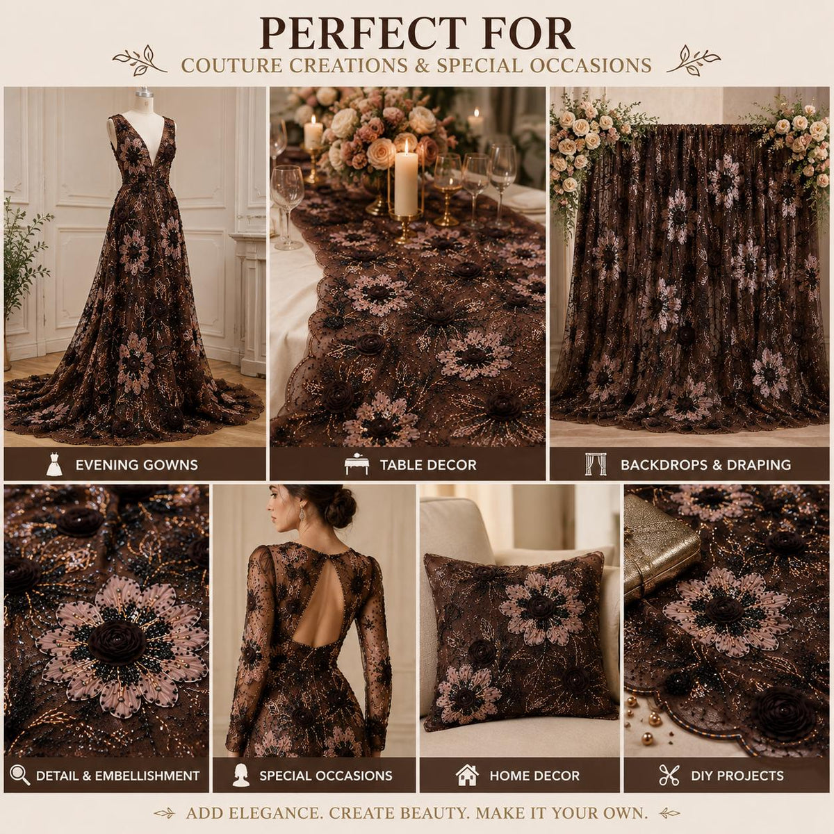 Chocolate Brown 3D Floral Beaded Lace Fabric by the Yard, Sequin Embroidered Tulle for Evening Gown, Prom Dress & Bridal