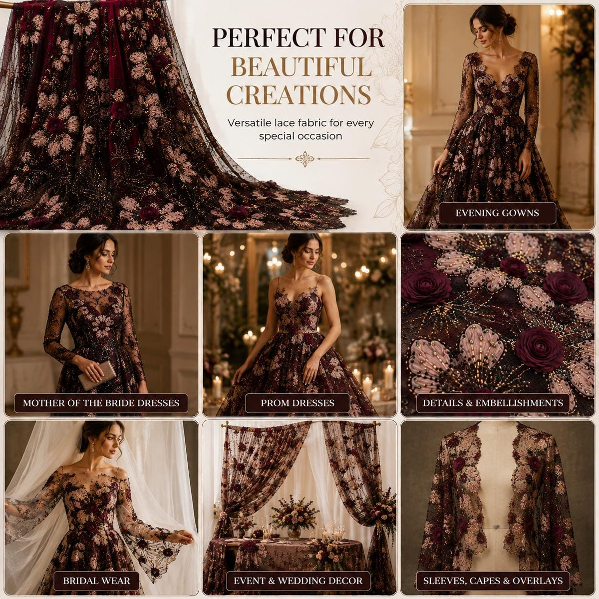 Burgundy 3D Floral Beaded Lace Fabric by the Yard, Black Tulle Sequin Embroidery for Evening Gown, Prom Dress & Couture