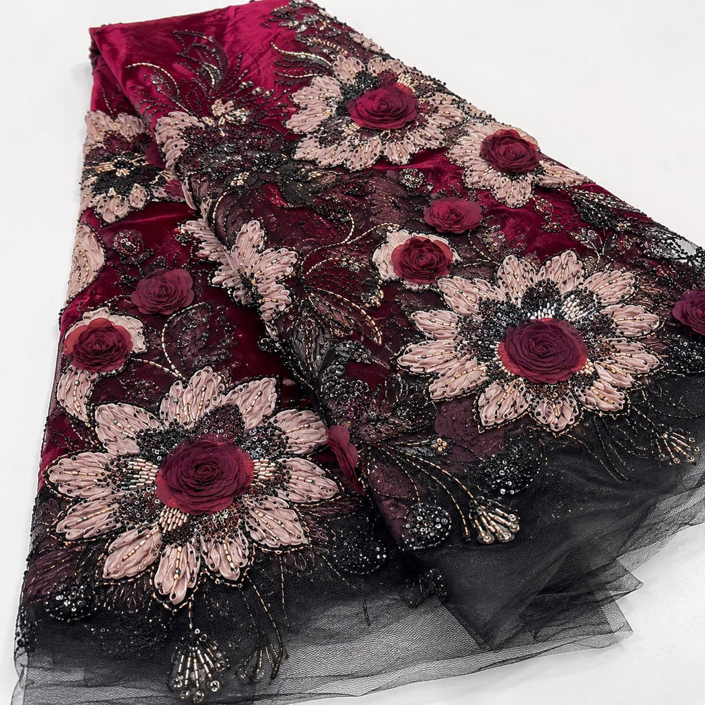 Burgundy 3D Floral Beaded Lace Fabric by the Yard, Black Tulle Sequin Embroidery for Evening Gown, Prom Dress & Couture