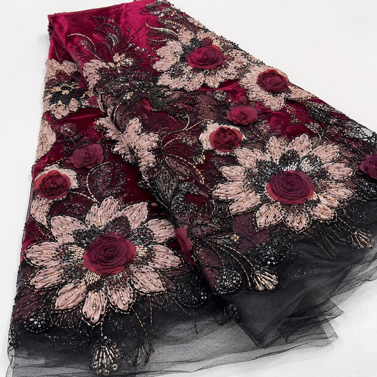 Burgundy 3D Floral Beaded Lace Fabric by the Yard, Black Tulle Sequin Embroidery for Evening Gown, Prom Dress & Couture