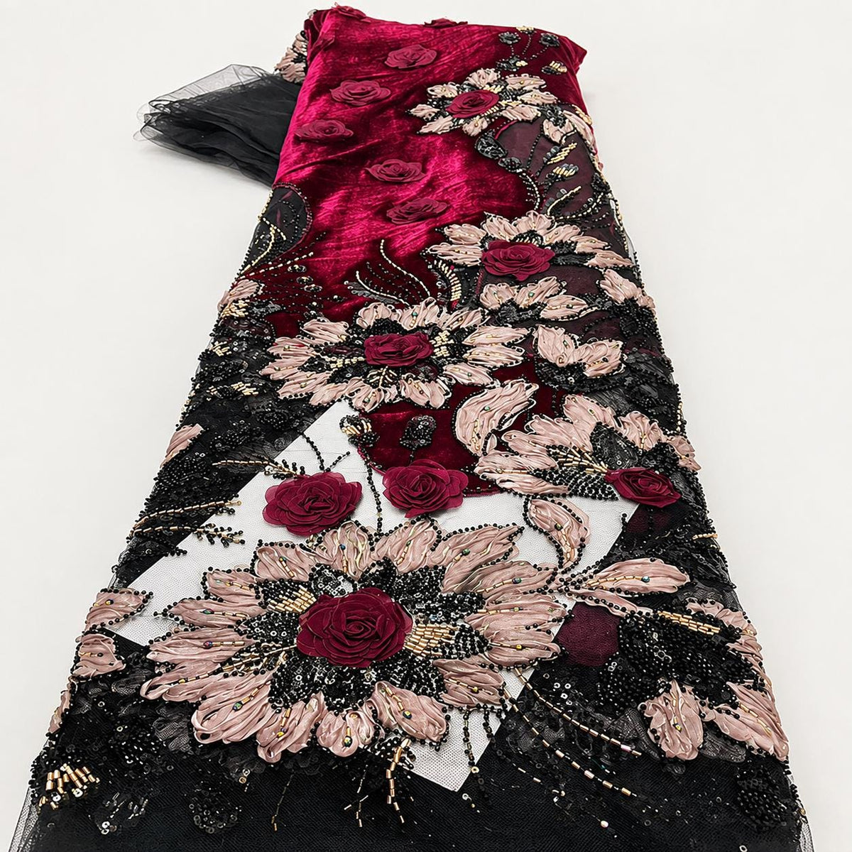 Burgundy 3D Floral Beaded Lace Fabric by the Yard, Black Tulle Sequin Embroidery for Evening Gown, Prom Dress & Couture