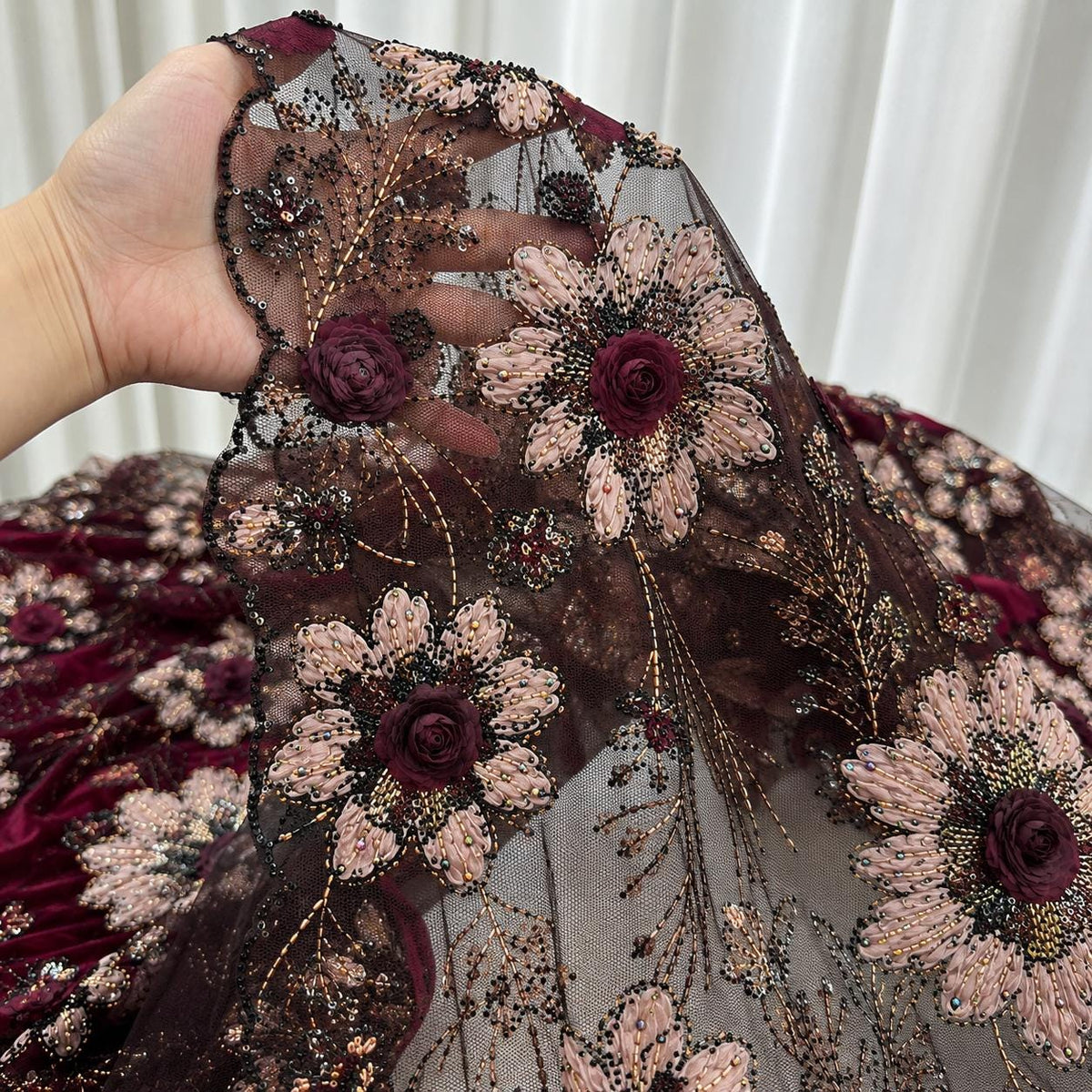 Burgundy 3D Floral Beaded Lace Fabric by the Yard, Black Tulle Sequin Embroidery for Evening Gown, Prom Dress & Couture