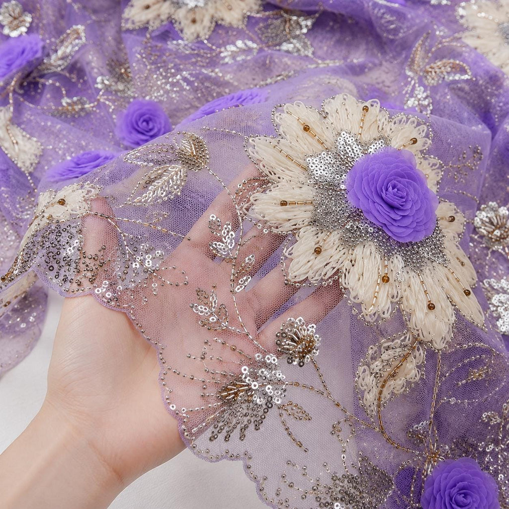 Purple 3D Floral Beaded Lace Fabric by the Yard, Lavender Sequin Embroidered Tulle for Prom Dress, Evening Gown & Couture