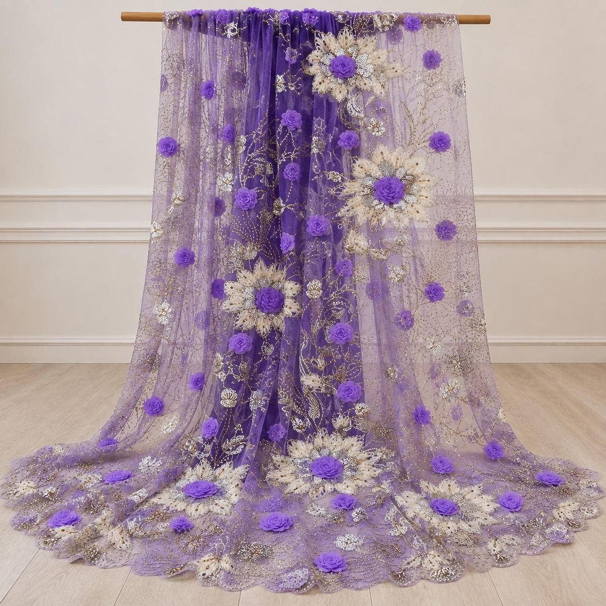 Purple 3D Floral Beaded Lace Fabric by the Yard, Lavender Sequin Embroidered Tulle for Prom Dress, Evening Gown & Couture