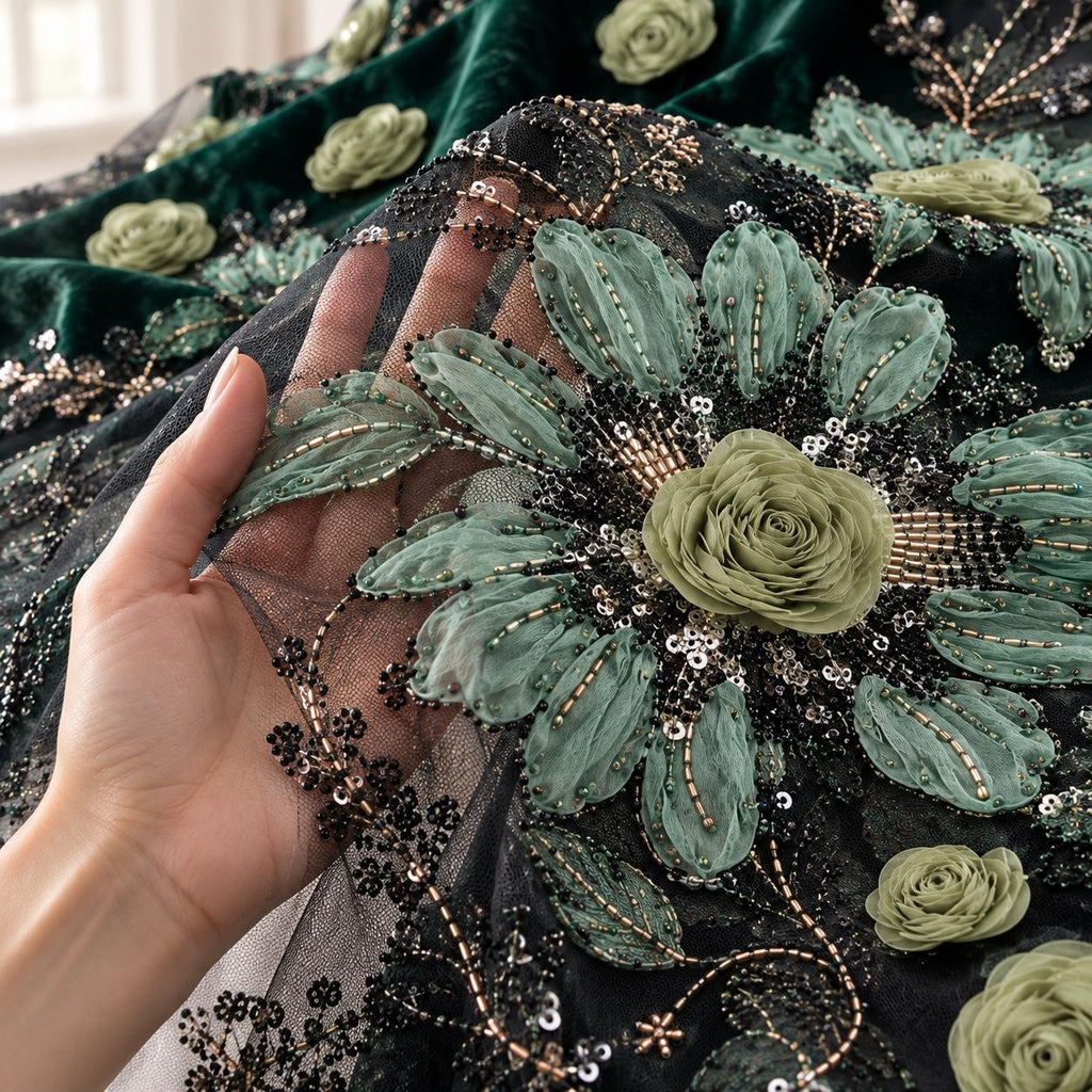 Emerald Green 3D Floral Beaded Lace Fabric by the Yard, Sequin Embroidered Tulle for Evening Gown, Formal Dress & Couture