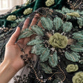 Emerald Green 3D Floral Beaded Lace Fabric by the Yard, Sequin Embroidered Tulle for Evening Gown, Formal Dress & Couture