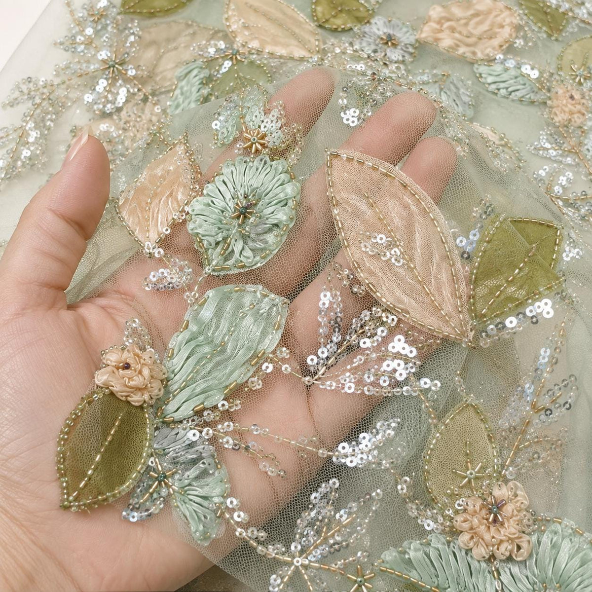 Sage Green 3D Floral Beaded Lace Fabric by the Yard, Sequin Embroidered Tulle for Evening Gown, Mother of the Bride & Couture