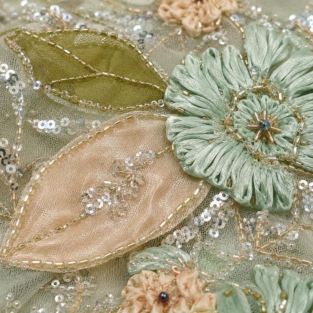 Sage Green 3D Floral Beaded Lace Fabric by the Yard, Sequin Embroidered Tulle for Evening Gown, Mother of the Bride & Couture
