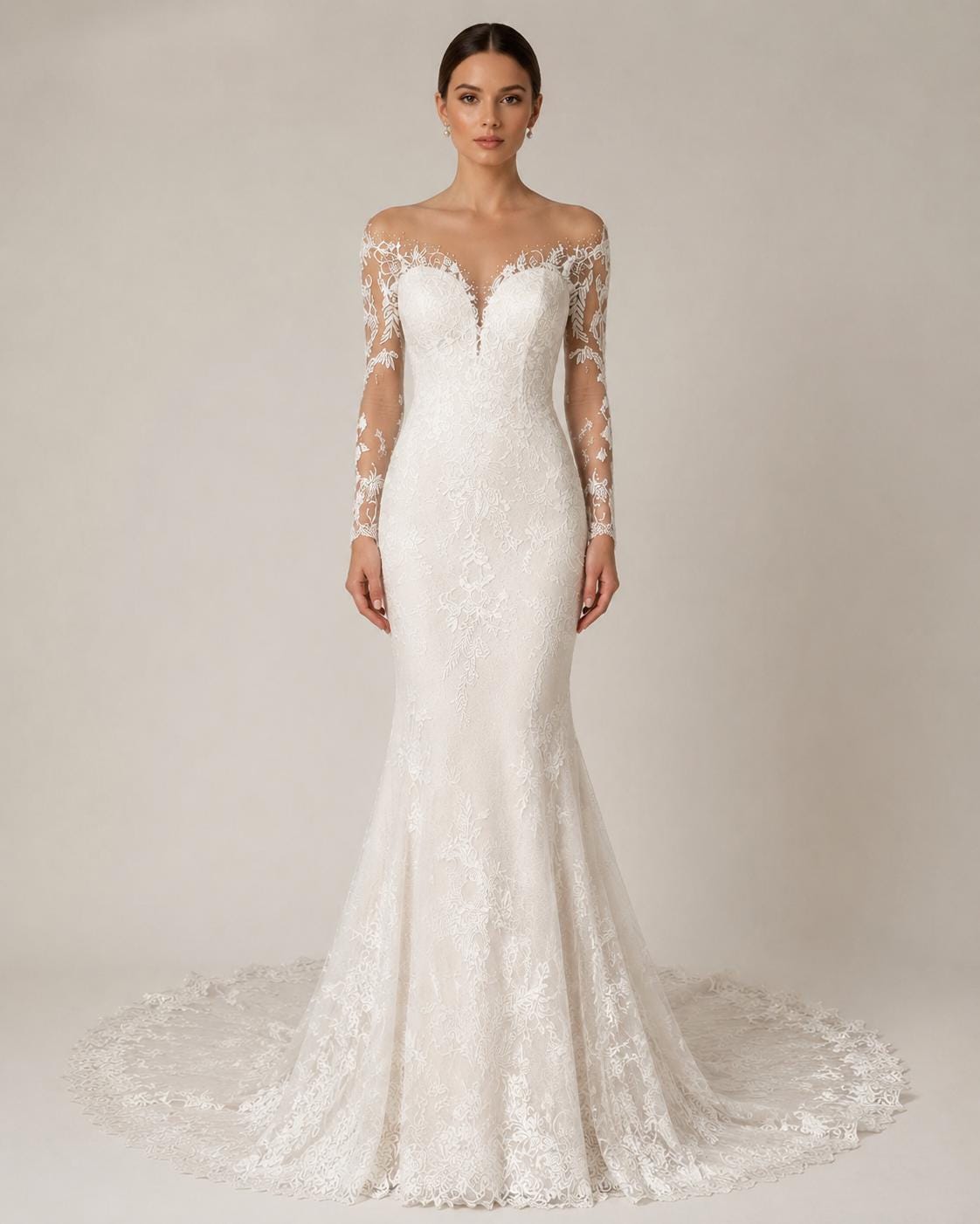 Long Sleeve Lace Fit-and-Flare Wedding Dress with Train