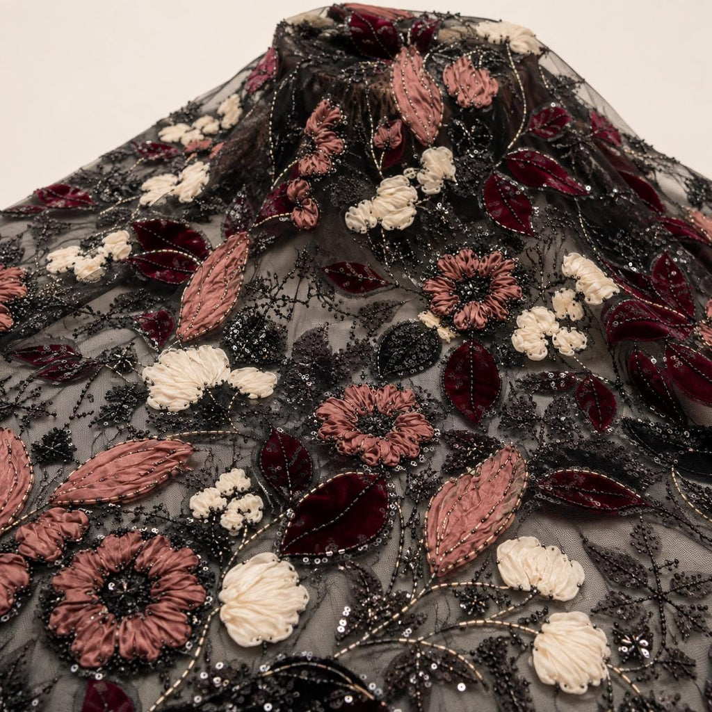 Black Burgundy 3D Floral Beaded Lace Fabric by the Yard, Sequin Embroidered Tulle for Evening Gowns, Formal Dresses & Couture