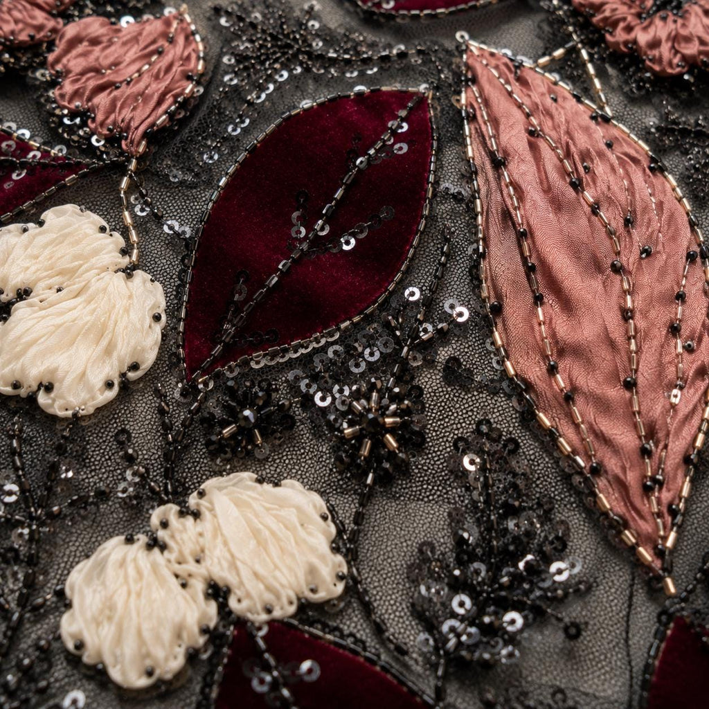 Black Burgundy 3D Floral Beaded Lace Fabric by the Yard, Sequin Embroidered Tulle for Evening Gowns, Formal Dresses & Couture