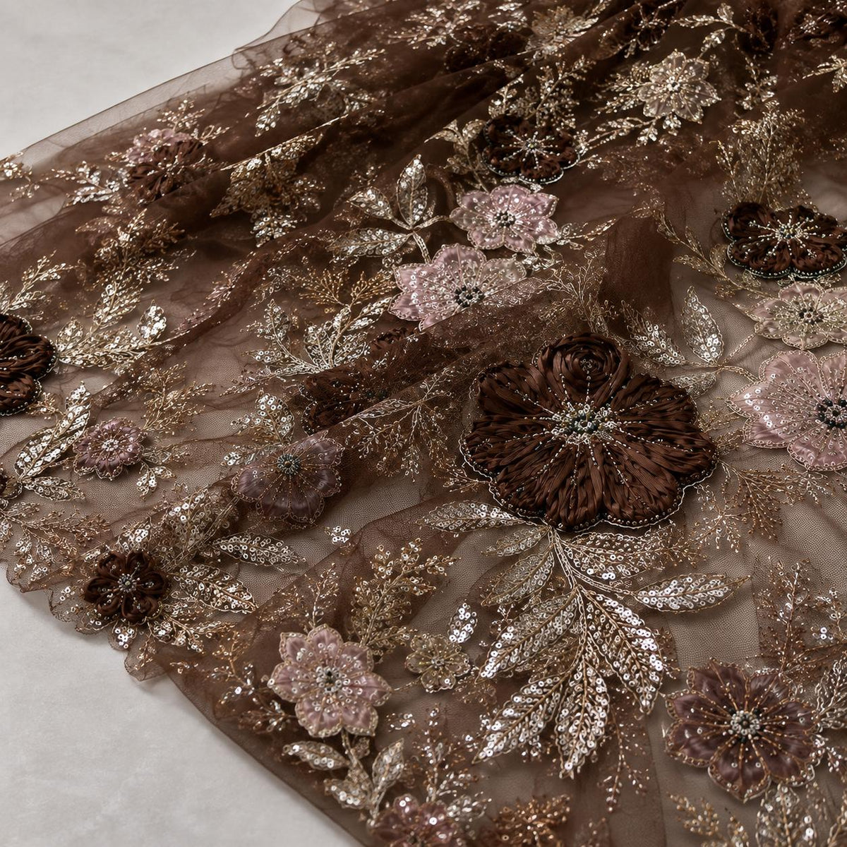 Chocolate Brown 3D Floral Lace Fabric by the Yard, Beaded Sequin Embroidered Tulle Mesh for Evening Gown, Prom Dress & Couture