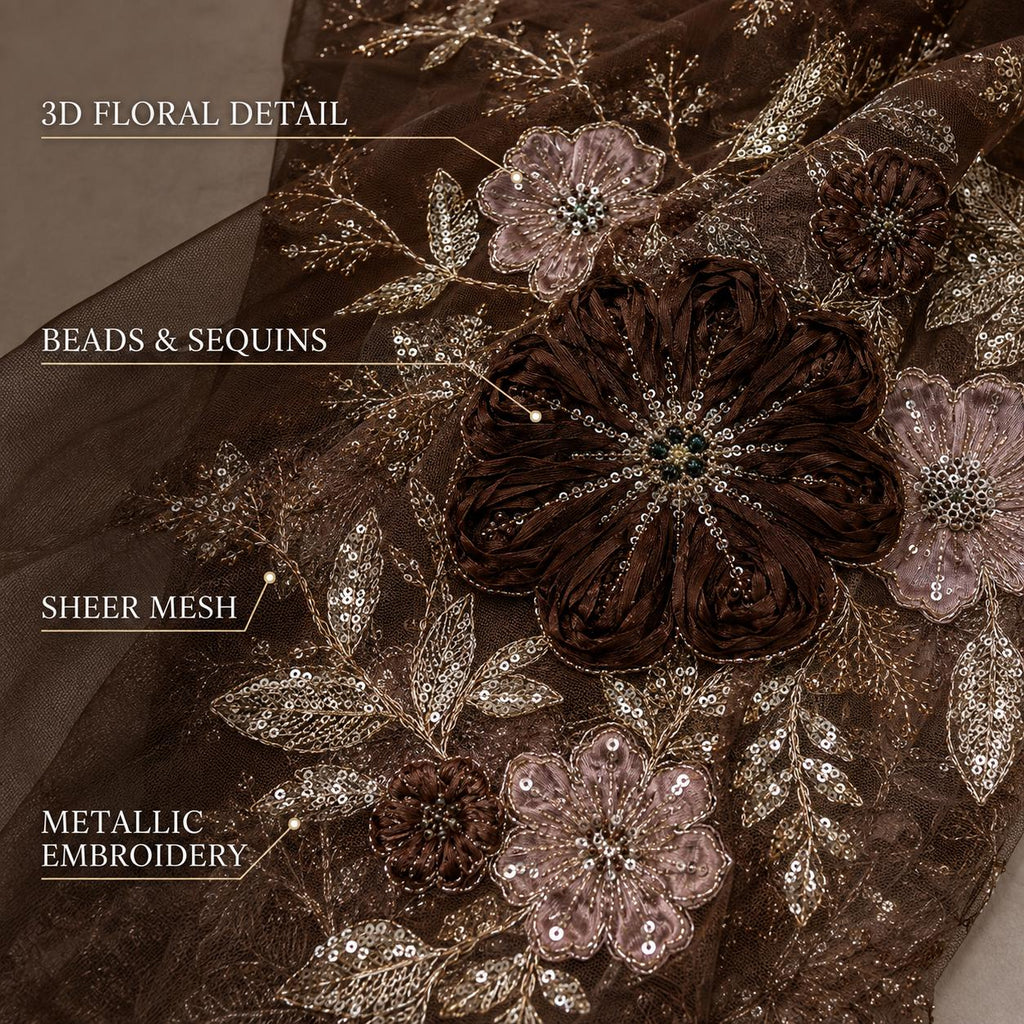 Chocolate Brown 3D Floral Lace Fabric by the Yard, Beaded Sequin Embroidered Tulle Mesh for Evening Gown, Prom Dress & Couture