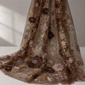Luxury Chocolate Brown 3D Floral Lace Fabric, Beaded Sequin Embroidered Tulle by the Yard for Couture Gown, Designer Dress & Red Carpet