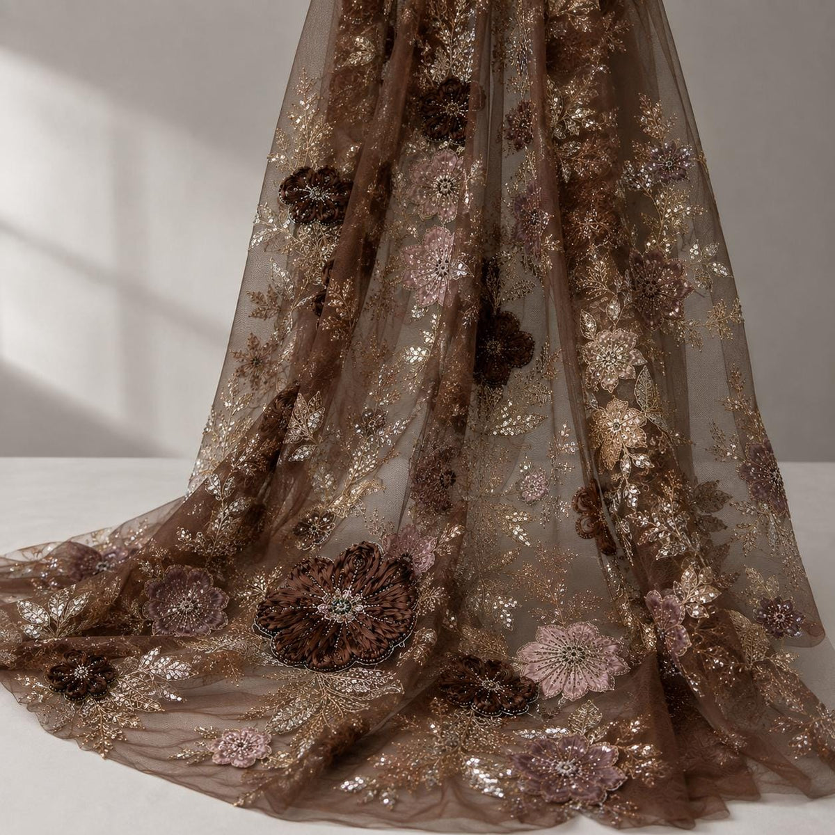 Luxury Chocolate Brown 3D Floral Lace Fabric, Beaded Sequin Embroidered Tulle by the Yard for Couture Gown, Designer Dress & Red Carpet
