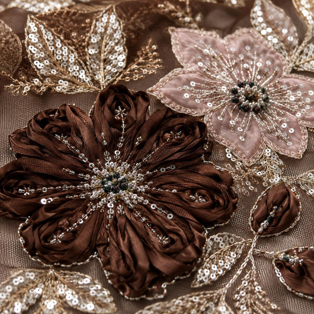 Luxury Chocolate Brown 3D Floral Lace Fabric, Beaded Sequin Embroidered Tulle by the Yard for Couture Gown, Designer Dress & Red Carpet