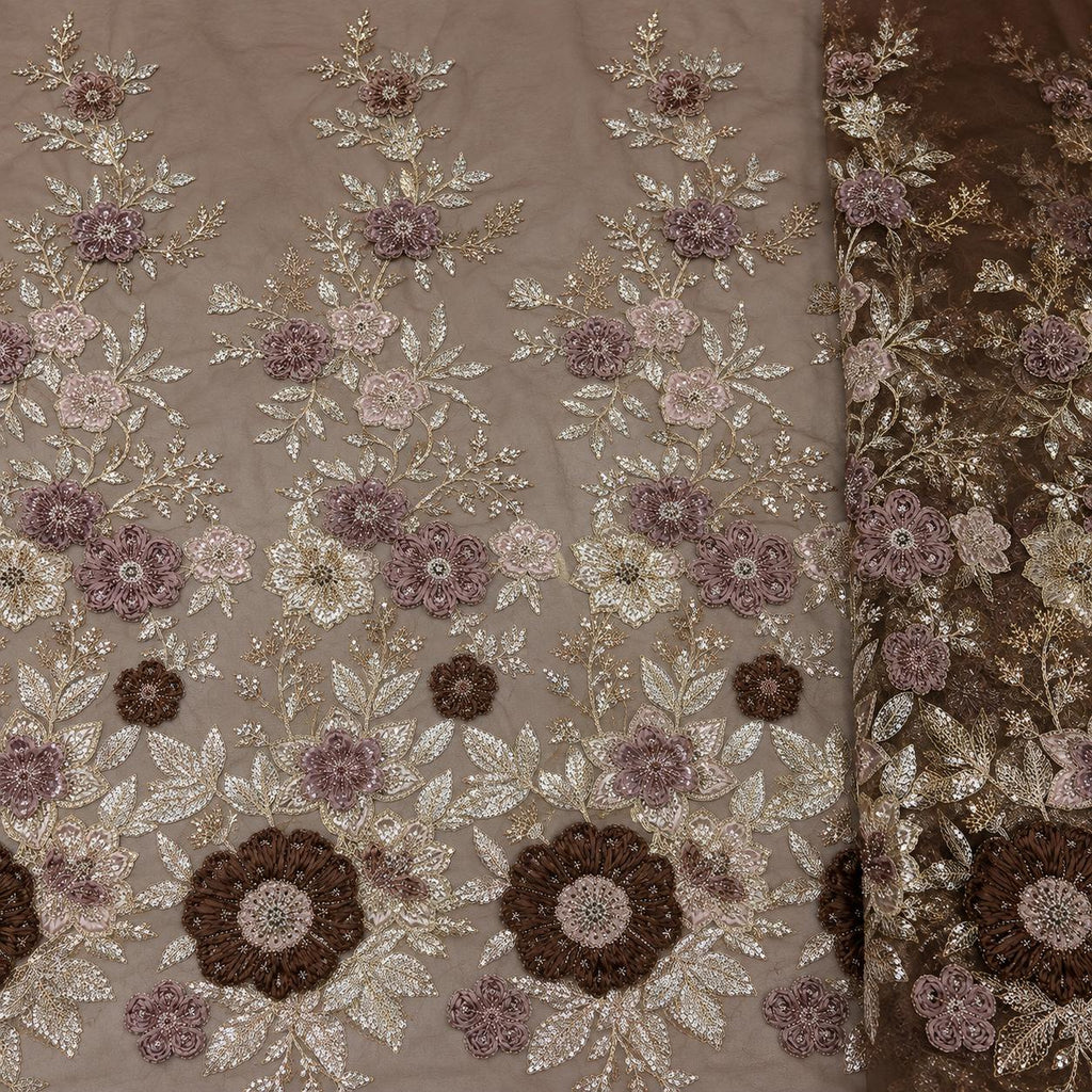 Luxury Chocolate Brown 3D Floral Lace Fabric, Beaded Sequin Embroidered Tulle by the Yard for Couture Gown, Designer Dress & Red Carpet