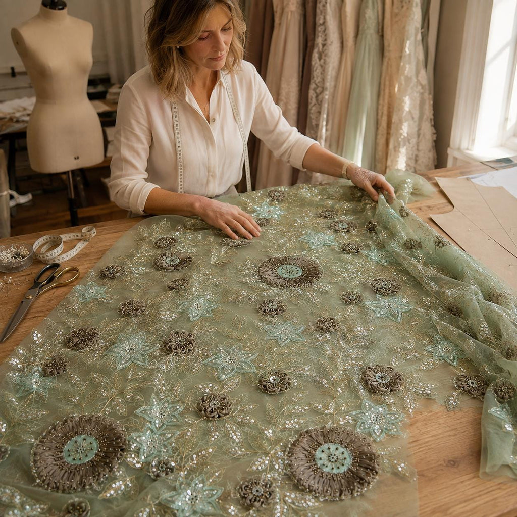 Sage Green Mother of the Bride Lace Fabric by the Yard, 3D Floral Beaded Tulle with Sequins for Formal Gown & Wedding Dress