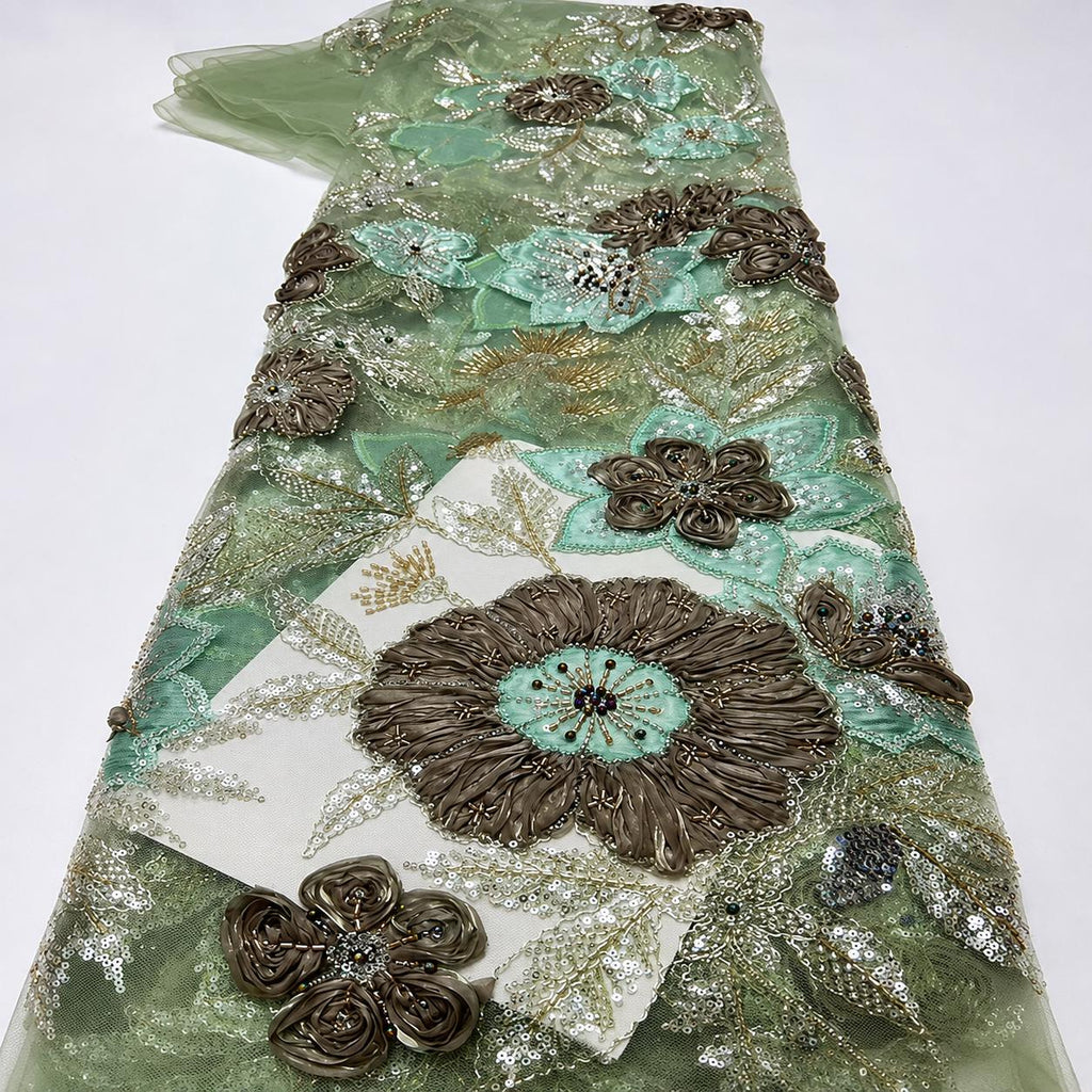 Sage Green Mother of the Bride Lace Fabric by the Yard, 3D Floral Beaded Tulle with Sequins for Formal Gown & Wedding Dress