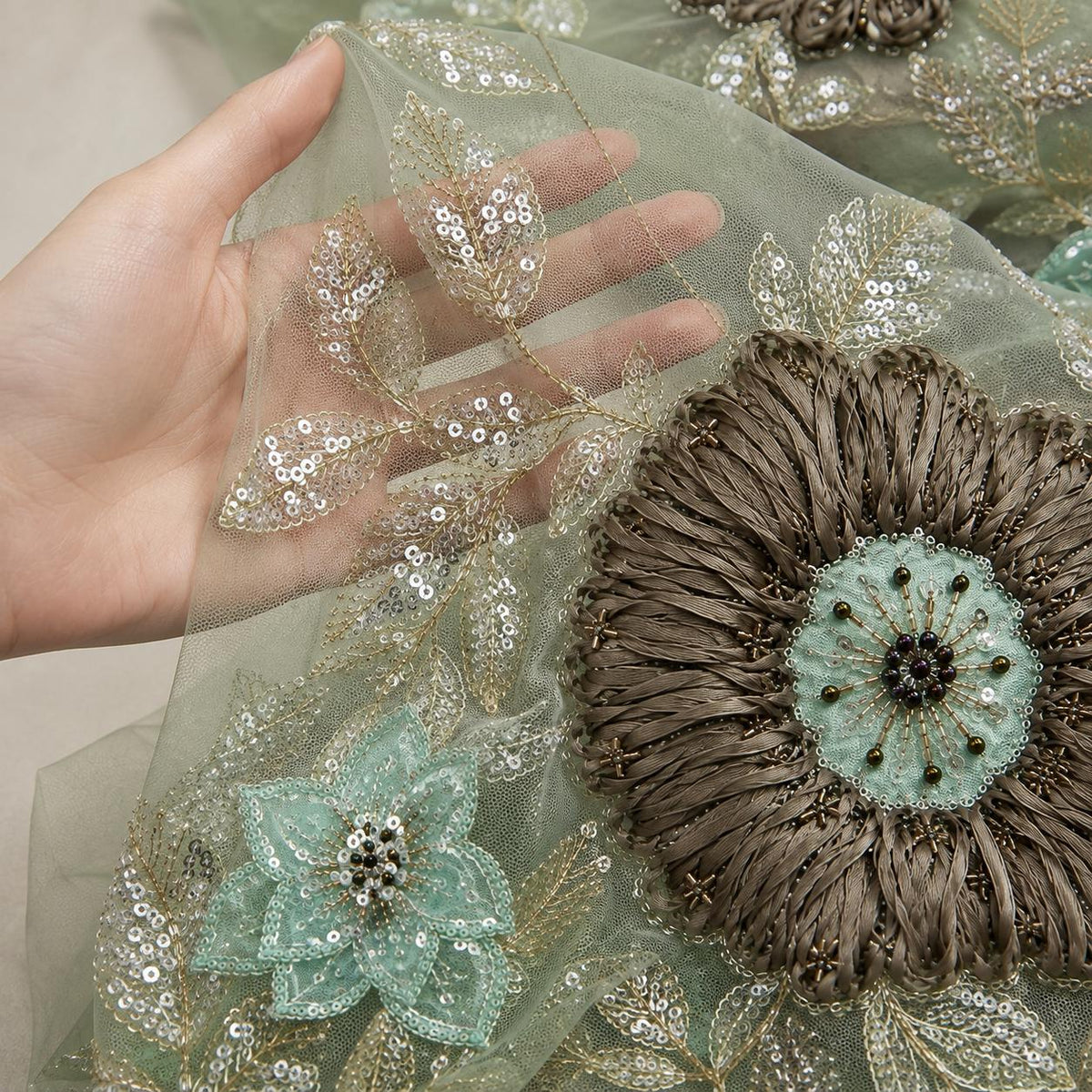 Sage Green Mother of the Bride Lace Fabric by the Yard, 3D Floral Beaded Tulle with Sequins for Formal Gown & Wedding Dress