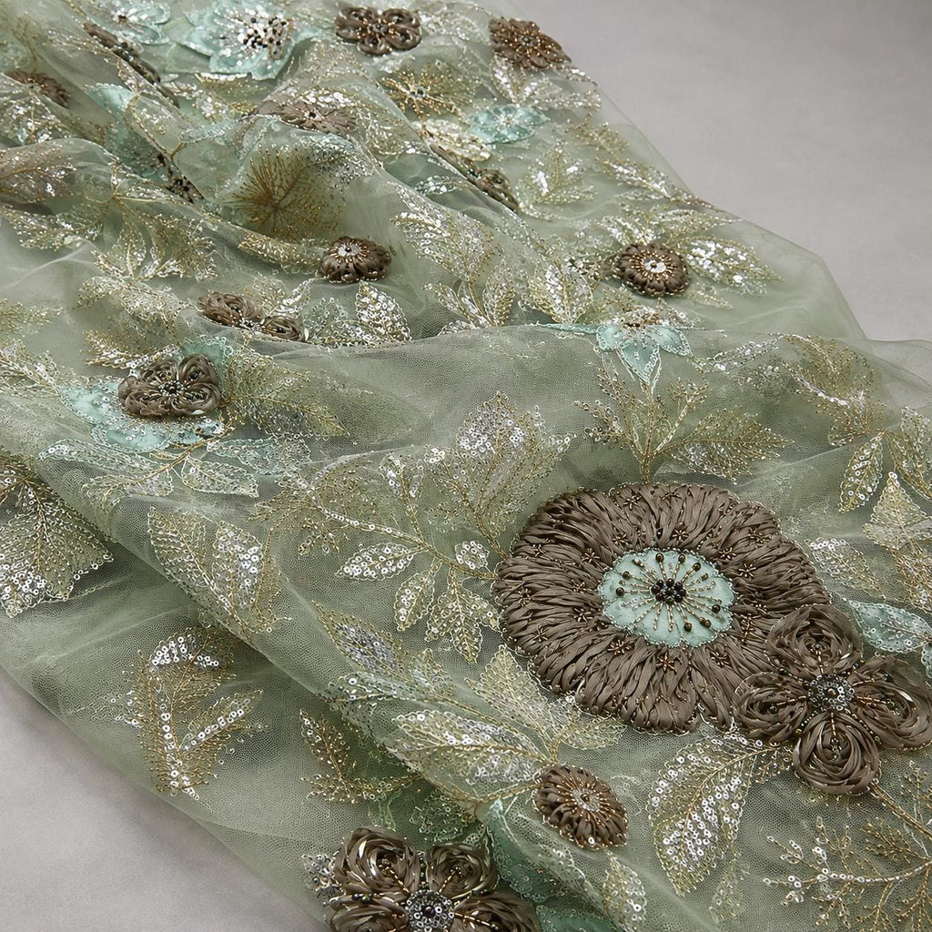 Sage Green Mother of the Bride Lace Fabric by the Yard, 3D Floral Beaded Tulle with Sequins for Formal Gown & Wedding Dress