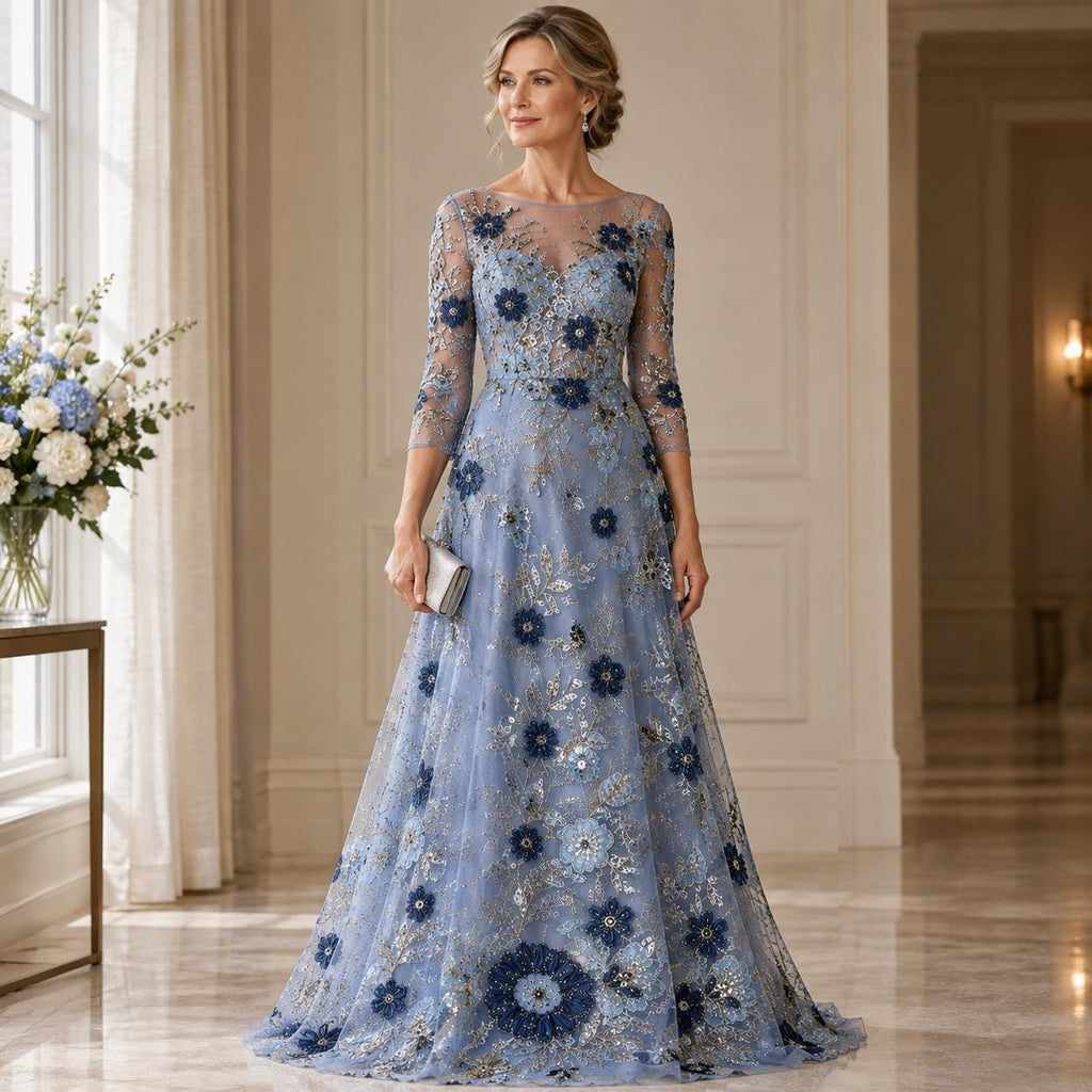 Dusty Blue 3D Floral Beaded Lace Fabric by the Yard, Navy Sequin Embroidered Tulle Mesh for Evening Gown, Mother of the Bride & Couture