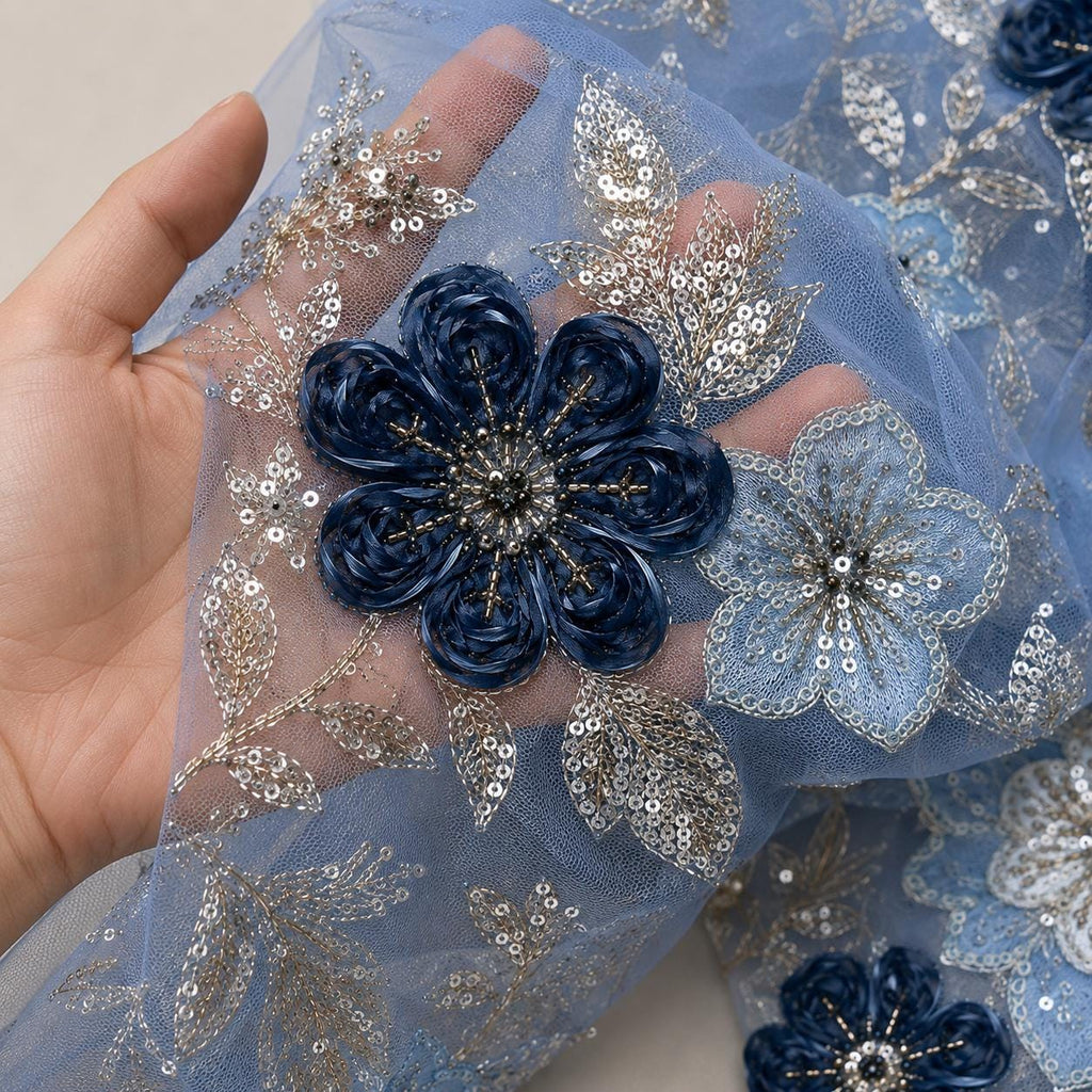 Dusty Blue 3D Floral Beaded Lace Fabric by the Yard, Navy Sequin Embroidered Tulle Mesh for Evening Gown, Mother of the Bride & Couture
