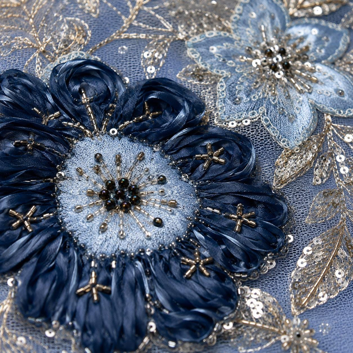 Dusty Blue 3D Floral Beaded Lace Fabric by the Yard, Navy Sequin Embroidered Tulle Mesh for Evening Gown, Mother of the Bride & Couture