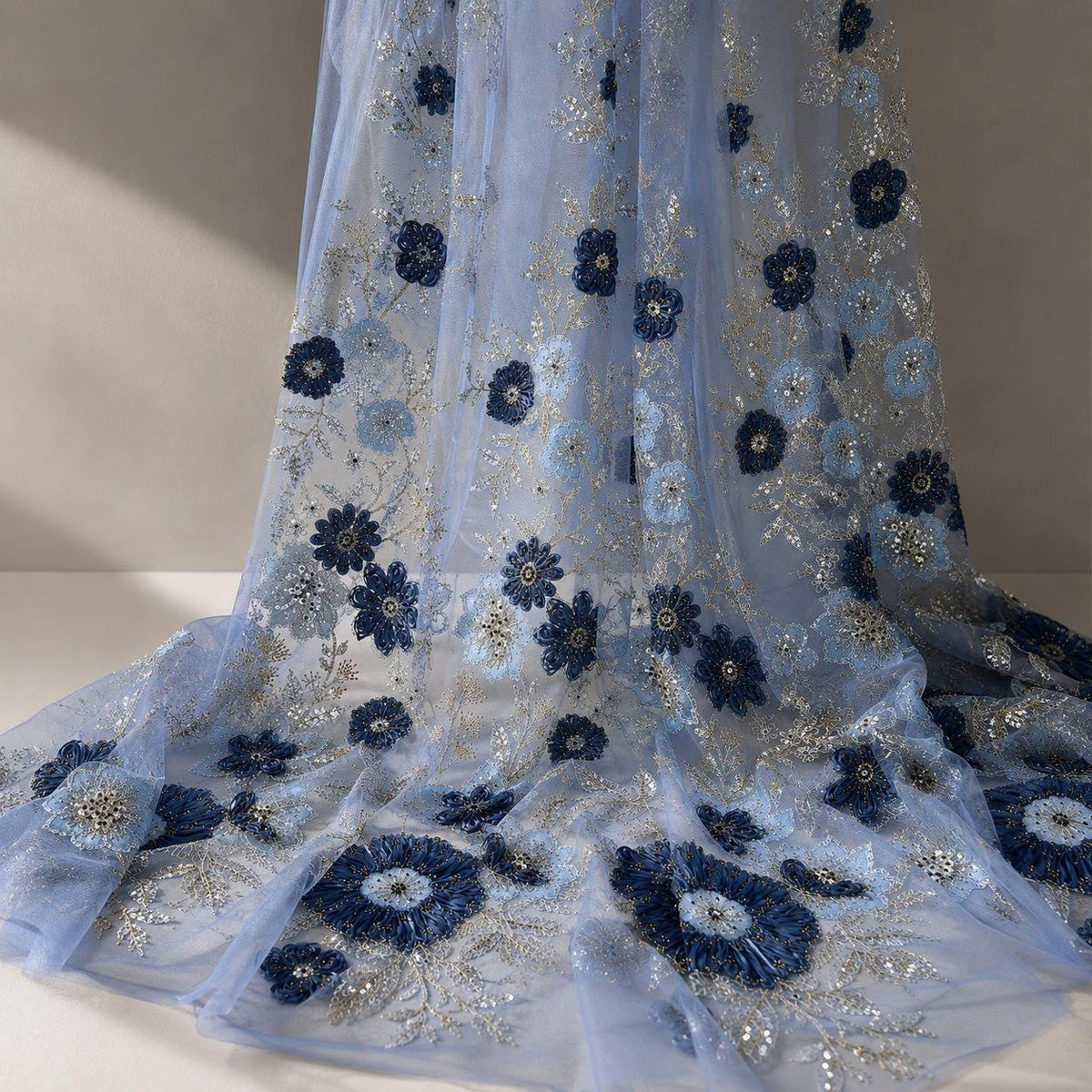 Luxury 3D Floral Beaded Lace Fabric, Dusty Blue Navy Sequin Embroidered Tulle by the Yard for Couture Evening Gown, Prom Dress & Designer