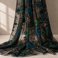 Teal Green 3D Floral Beaded Lace Fabric, Black Mesh Sequin Embroidery by the Yard