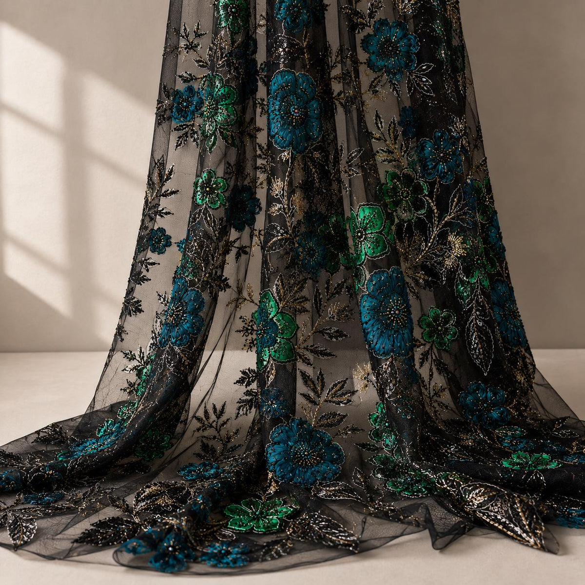 Teal Green 3D Floral Beaded Lace Fabric, Black Mesh Sequin Embroidery by the Yard