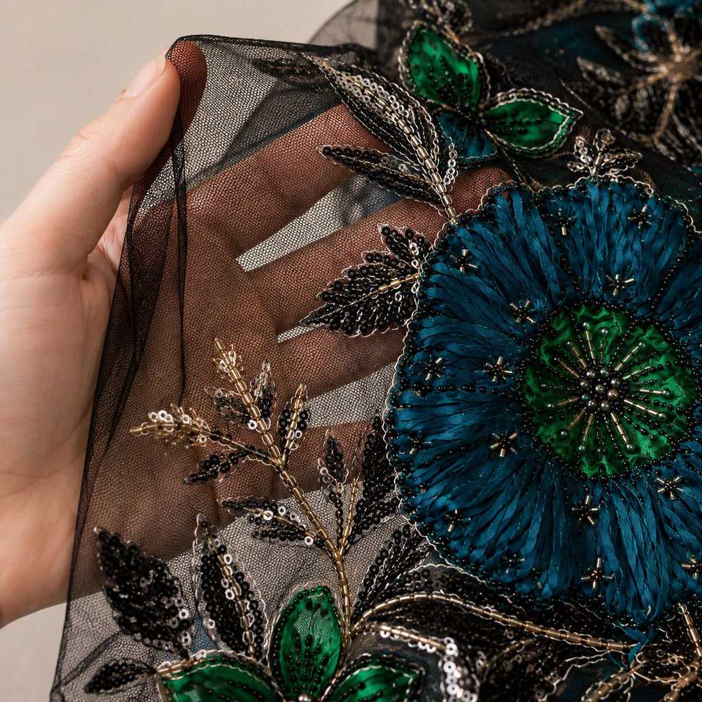 Teal Green 3D Floral Beaded Lace Fabric, Black Mesh Sequin Embroidery by the Yard