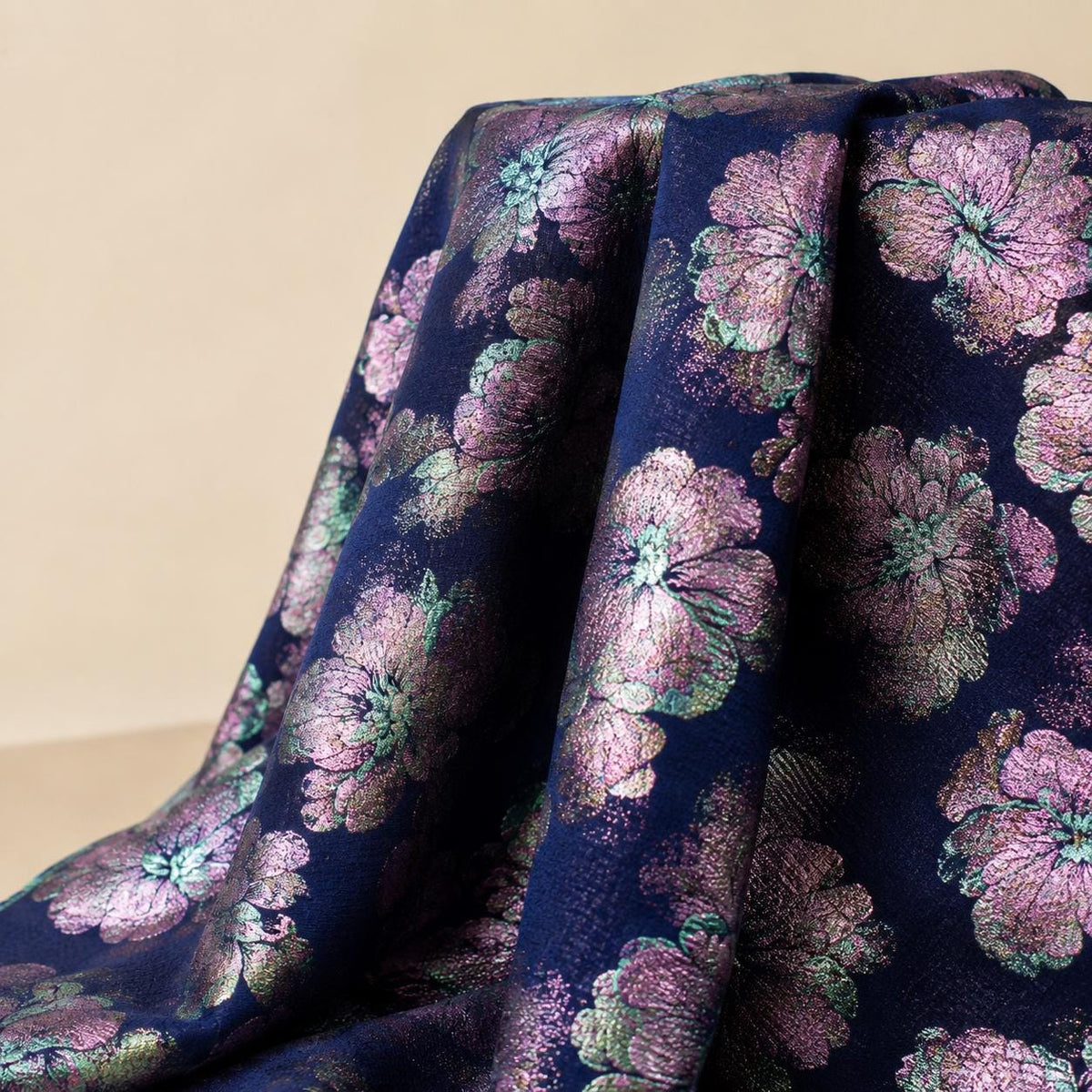 Navy Floral Jacquard Fabric by the Yard, Metallic Brocade for Evening Gowns & Couture Dresses