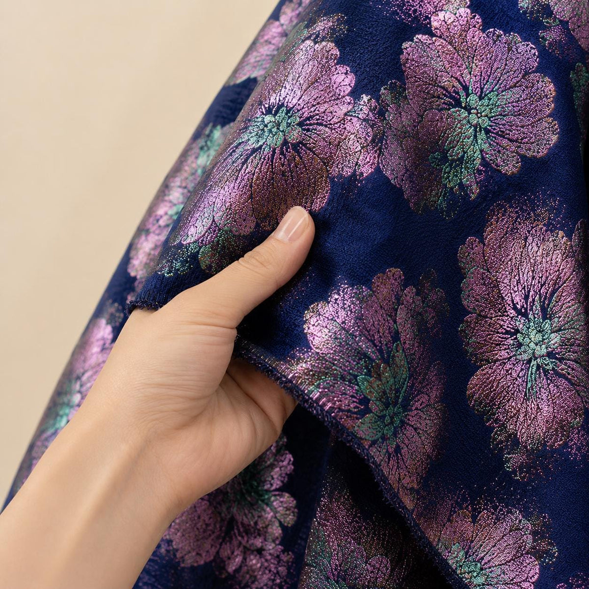 Navy Floral Jacquard Fabric by the Yard, Metallic Brocade for Evening Gowns & Couture Dresses