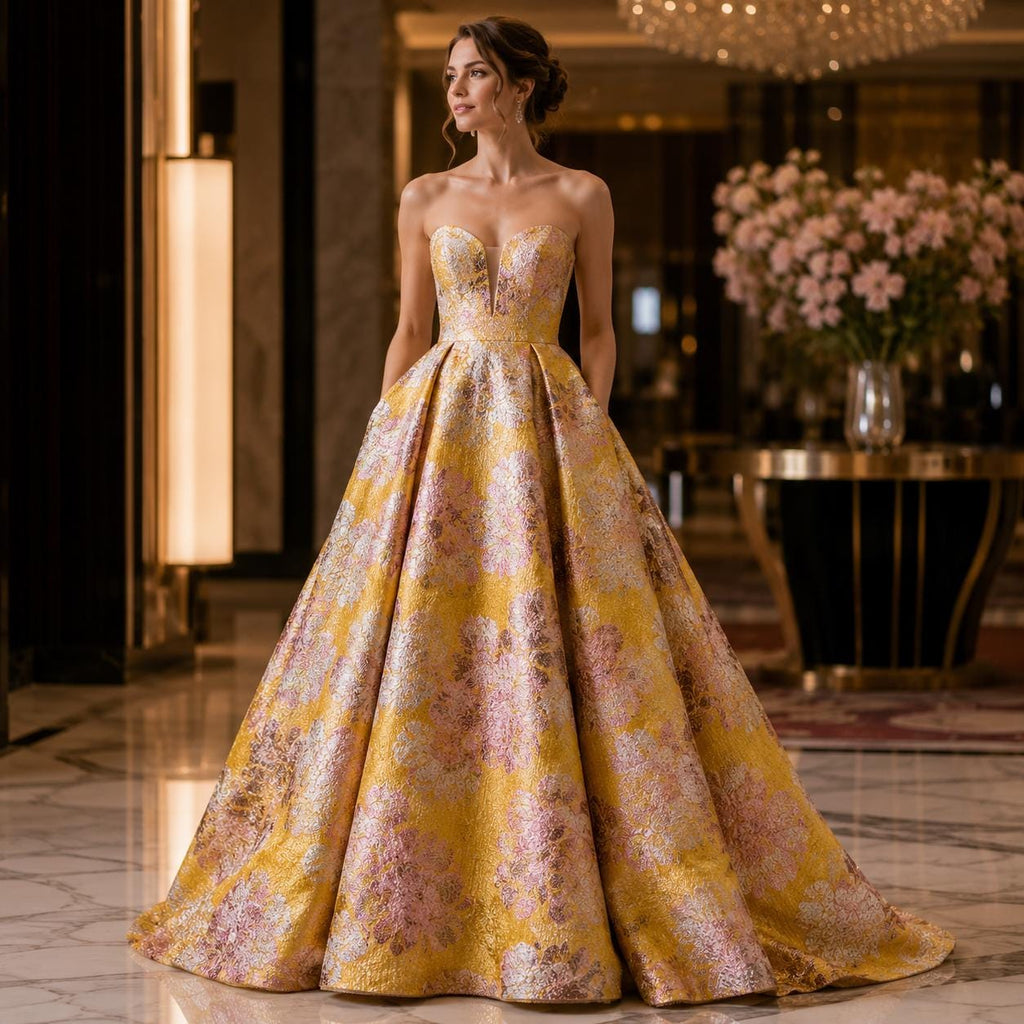 Gold Floral Jacquard Fabric by the Yard, Metallic Brocade for Evening Gowns & Couture Dresses