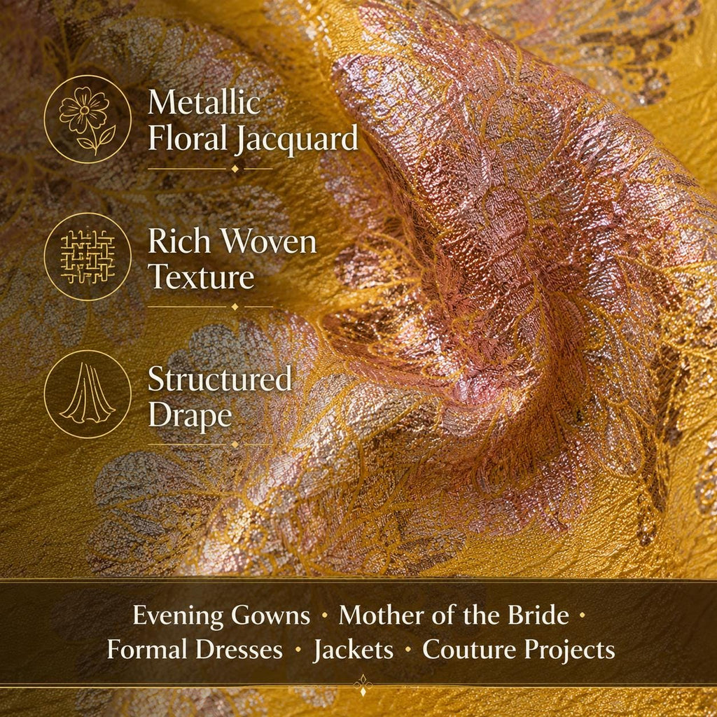 Gold Floral Jacquard Fabric by the Yard, Metallic Brocade for Evening Gowns & Couture Dresses