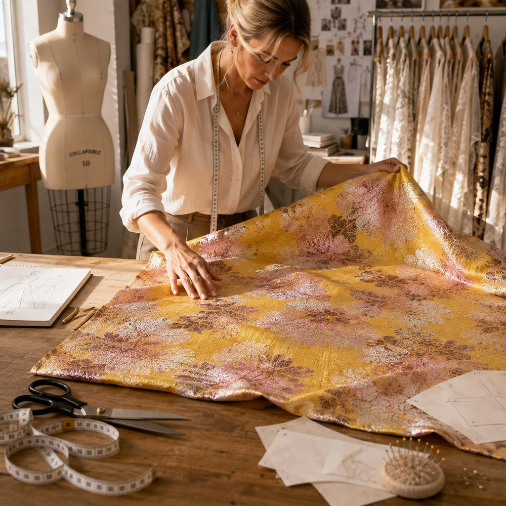 Gold Floral Jacquard Fabric by the Yard, Metallic Brocade for Evening Gowns & Couture Dresses