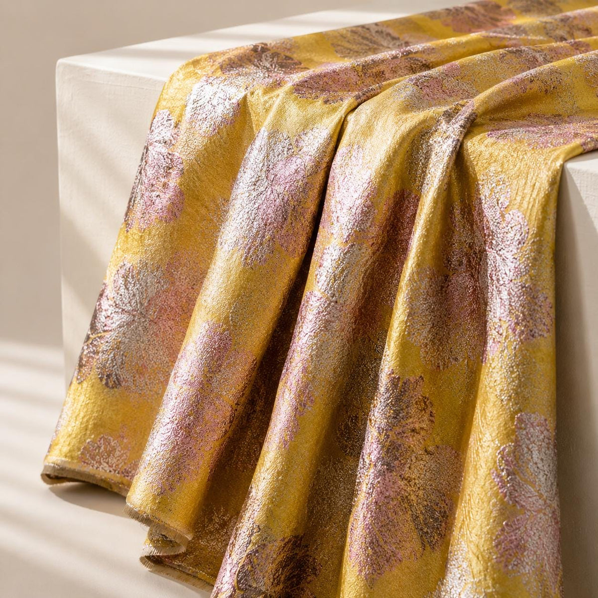 Gold Floral Jacquard Fabric by the Yard, Metallic Brocade for Evening Gowns & Couture Dresses