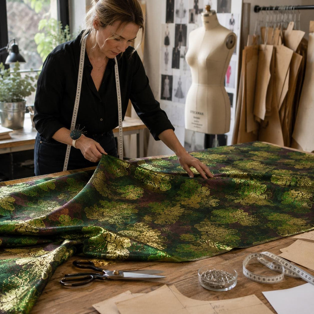 Emerald Green Floral Jacquard Fabric by the Yard, Metallic Gold Brocade for Evening Gowns & Couture