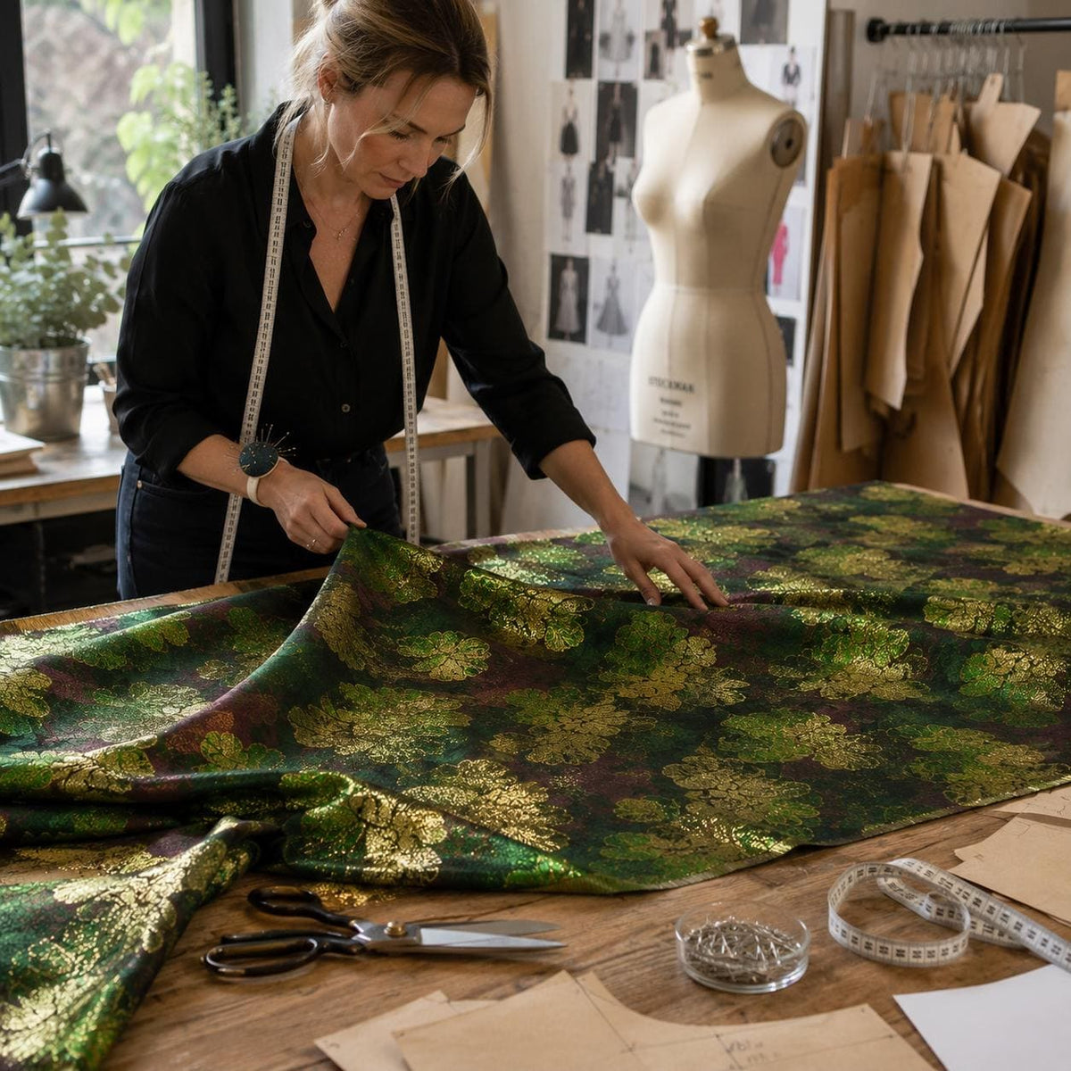 Emerald Green Floral Jacquard Fabric by the Yard, Metallic Gold Brocade for Evening Gowns & Couture