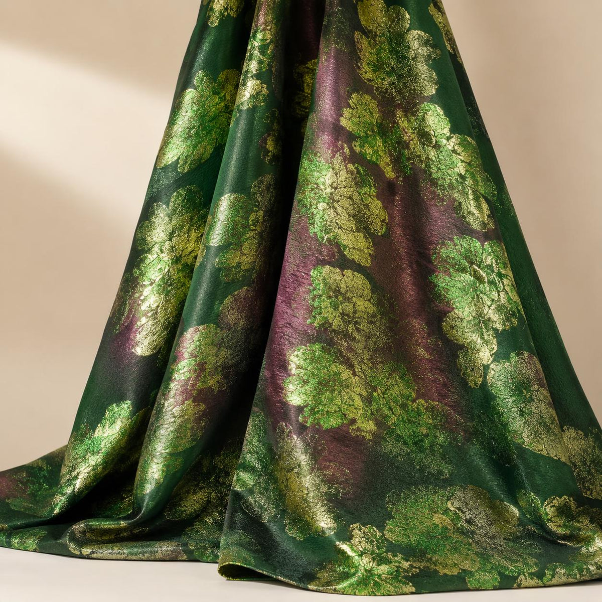Emerald Green Floral Jacquard Fabric by the Yard, Metallic Gold Brocade for Evening Gowns & Couture