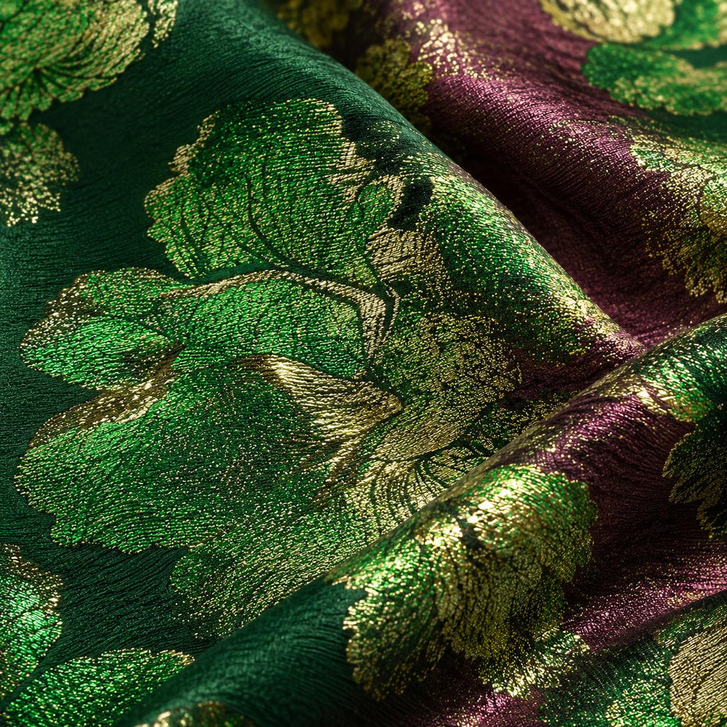 Emerald Green Floral Jacquard Fabric by the Yard, Metallic Gold Brocade for Evening Gowns & Couture