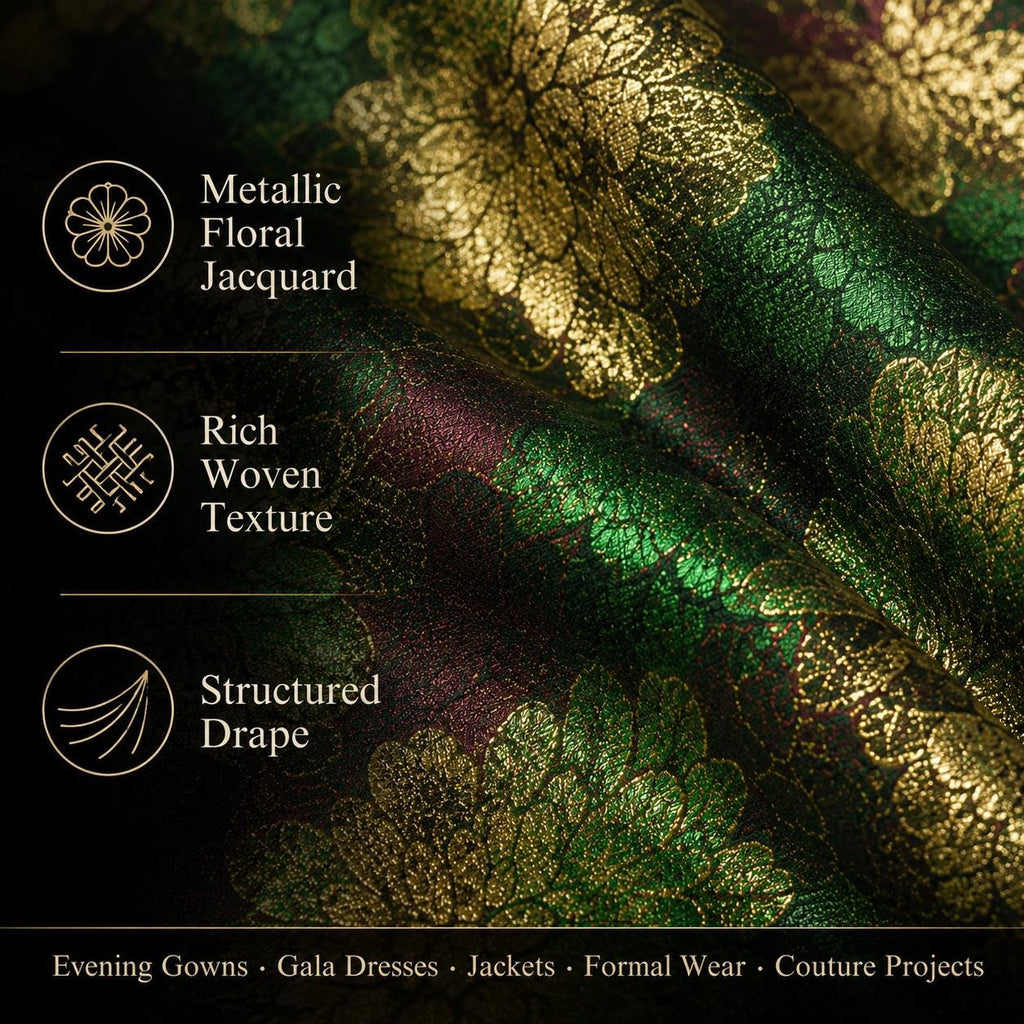 Emerald Green Floral Jacquard Fabric by the Yard, Metallic Gold Brocade for Evening Gowns & Couture